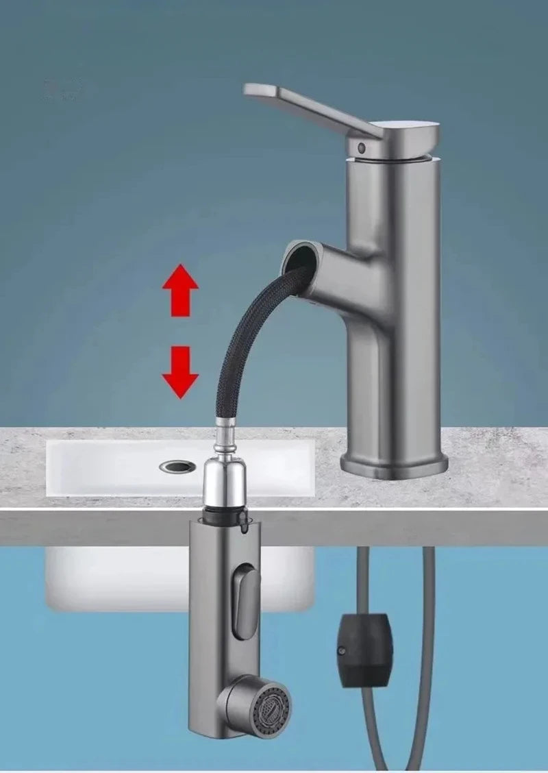 Robinet de lavabo en laiton chaud et froid, pulvérisateur à jet à 3 fonctions, pour salle de bains, poignée unique, double trou, mitigeur d'évier extractible