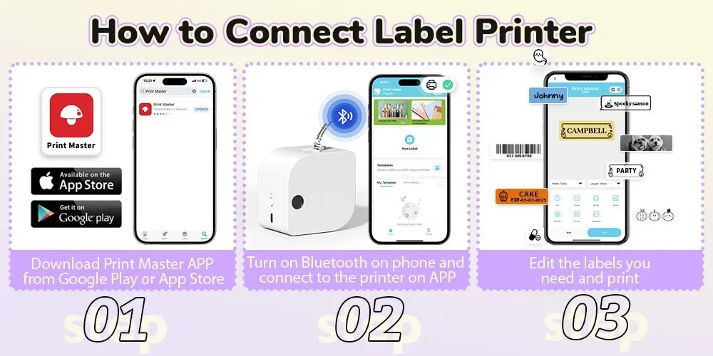 Guide connexion imprimante étiquettes via Print Master App, Bluetooth et personnalisation étiquettes