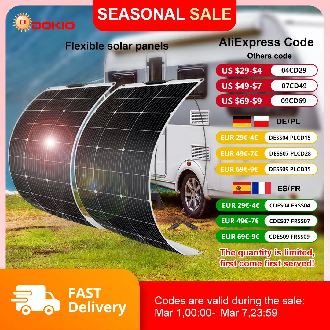 Panneaux solaires flexibles DOKIO pour camping-car, vente saisonnière avec codes promo et livraison rapide