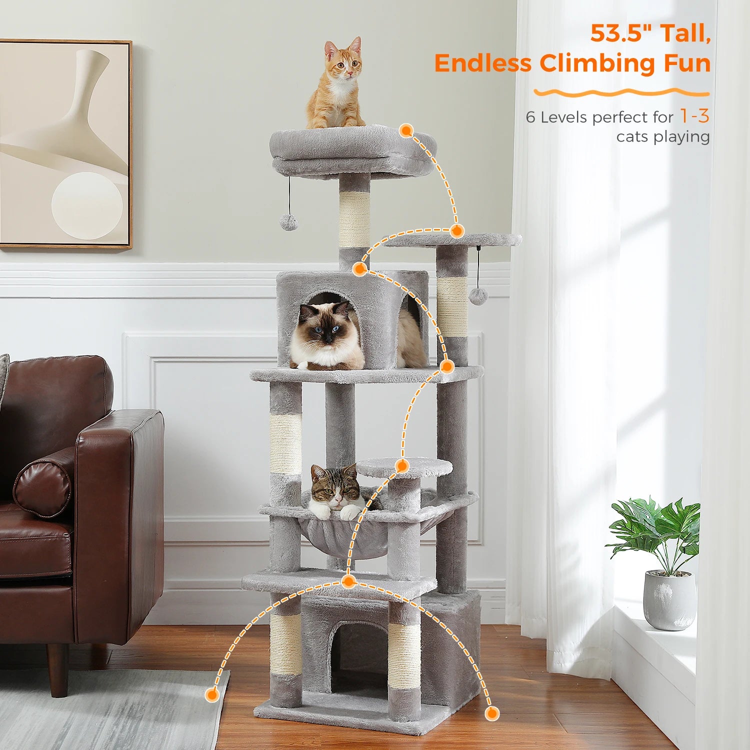 Arbre à chat gris 6 niveaux 53,5 pouces, griffoirs et niches pour 1 à 3 chats, jeu et repos