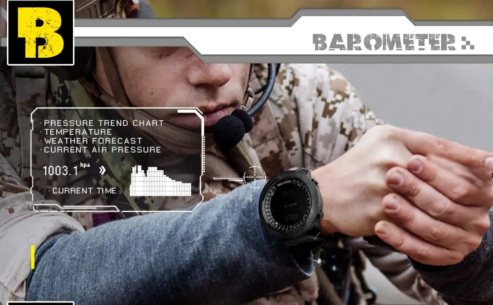 Montre connectée militaire avec baromètre, prévision météo et pression atmosphérique en temps réel