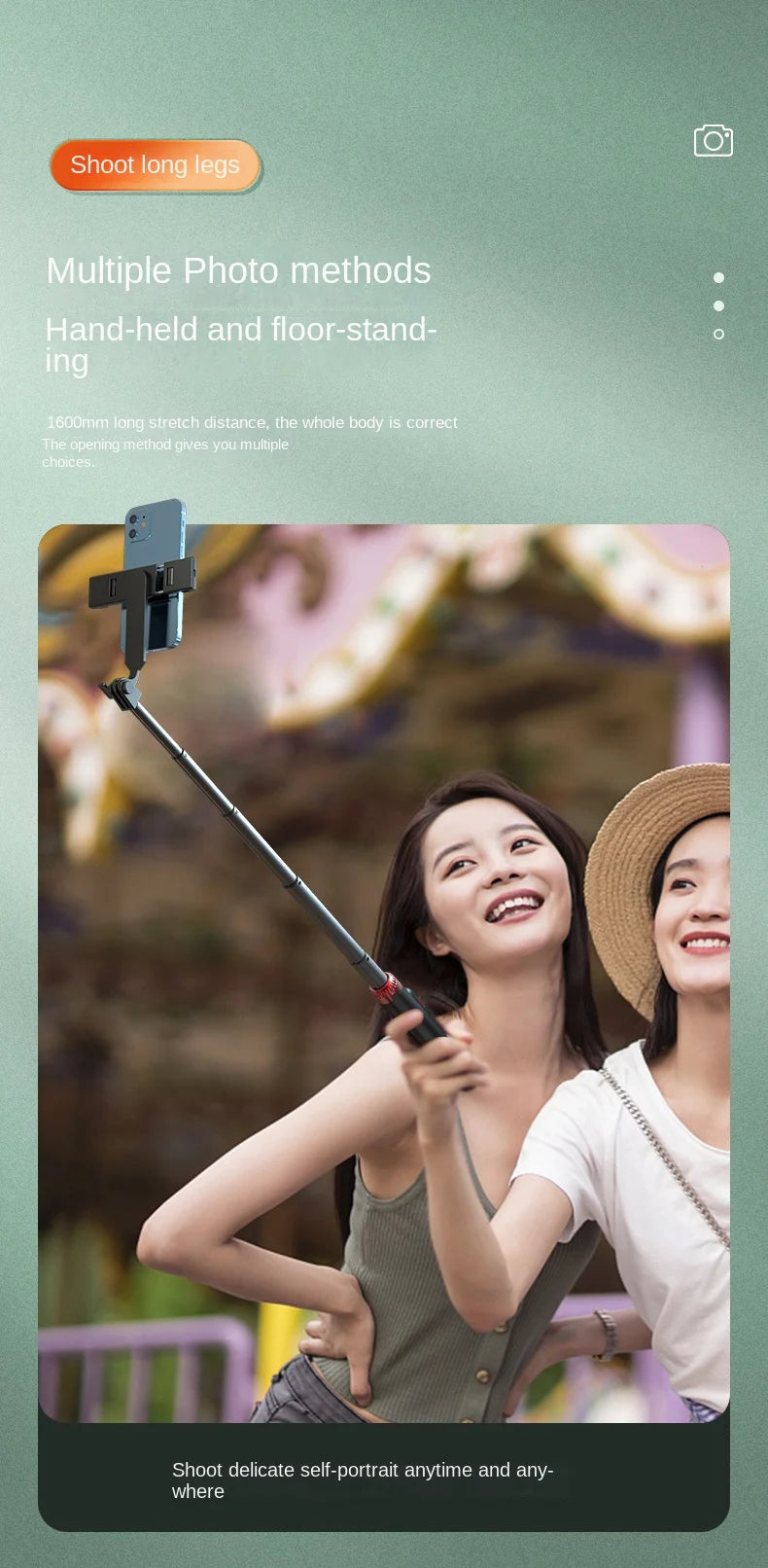 Trépied perche à selfie P160 de 1.6 m, support de téléphone portable rétractable en alliage d'aluminium avec Bluetooth aste pour IOS Android