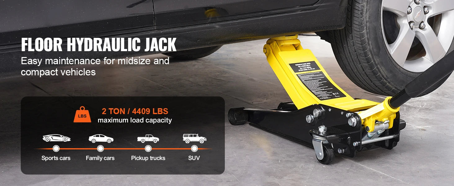 Jack hydraulique jaune pour voiture, capacité 2 tonnes, idéal pour entretien véhicules compacts et familiaux