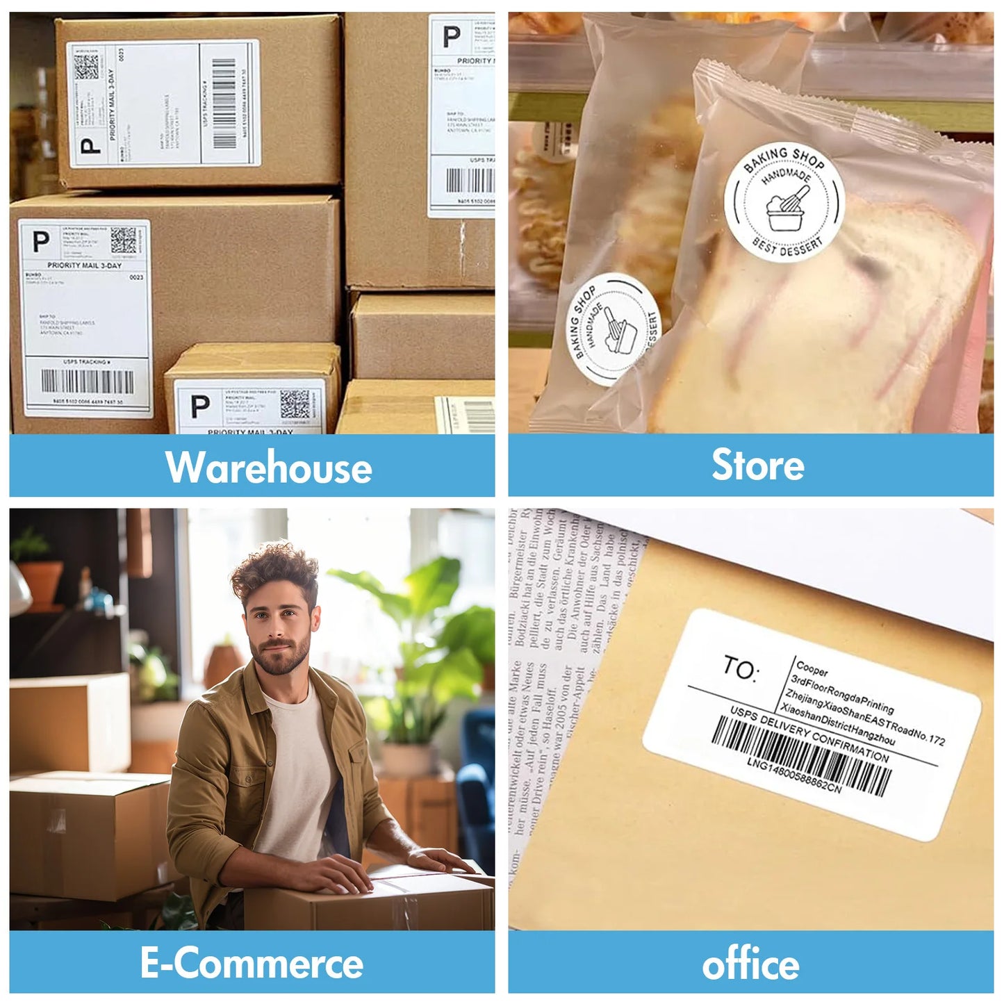 Livraison e-commerce : colis emballés, étiquettes USPS, boutique et bureau pour expédition rapide en France et Europe