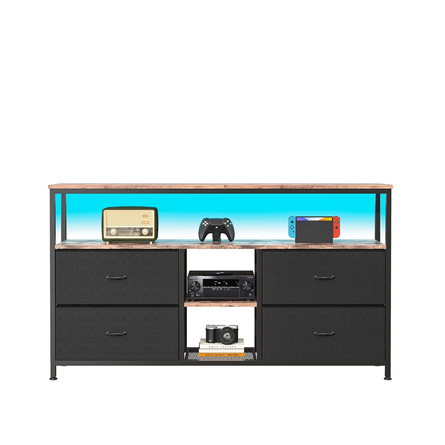 Rosahqnda Meuble TV avec 4 tiroirs, meuble TV, étagères réglables, table TV, meuble TV meuble de salon