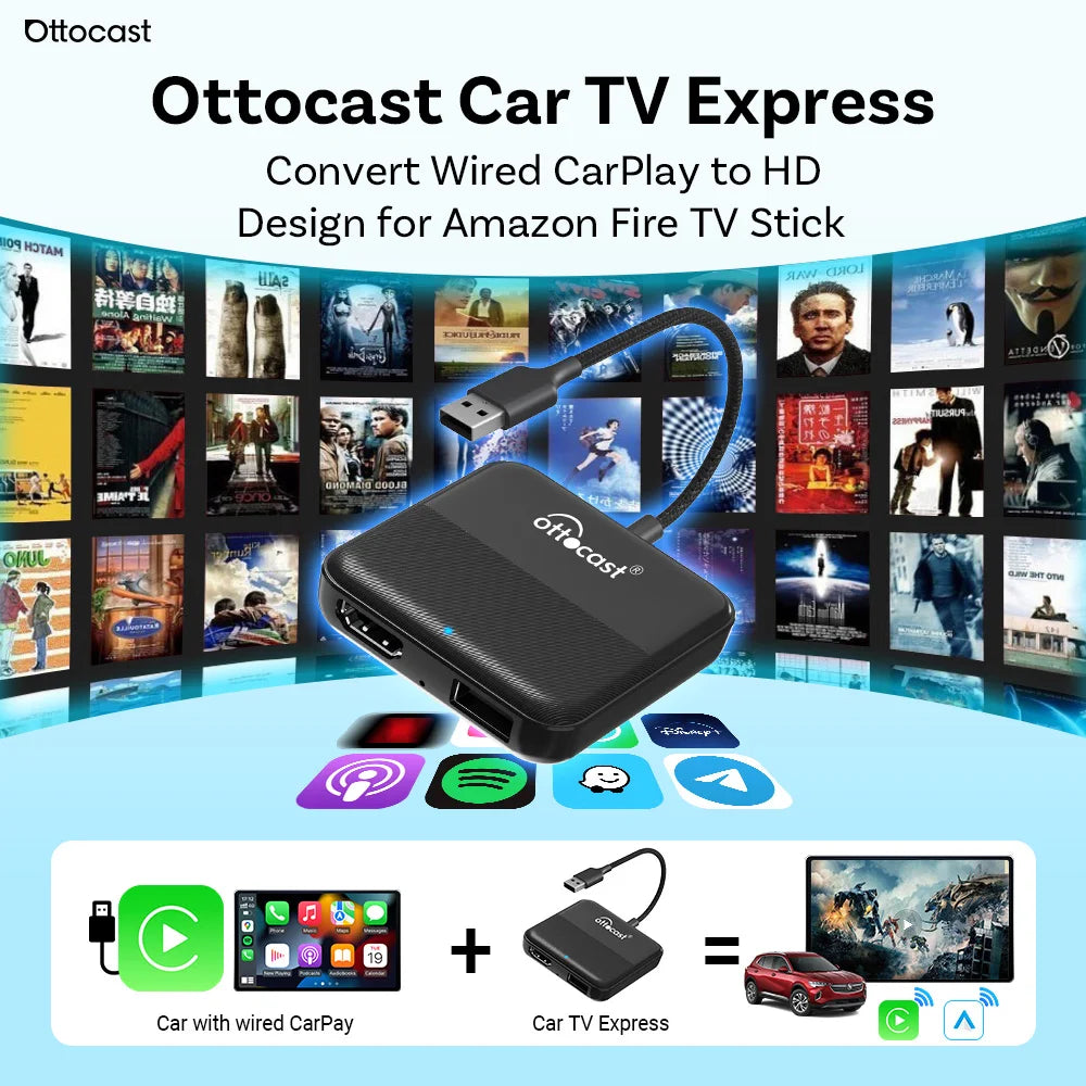 Ottocast voiture TV Mate Max Express 4 en 1 sans fil CarPlay Android Auto filaire DisplayPort dispositif écran miroir TV bâton pour voiture