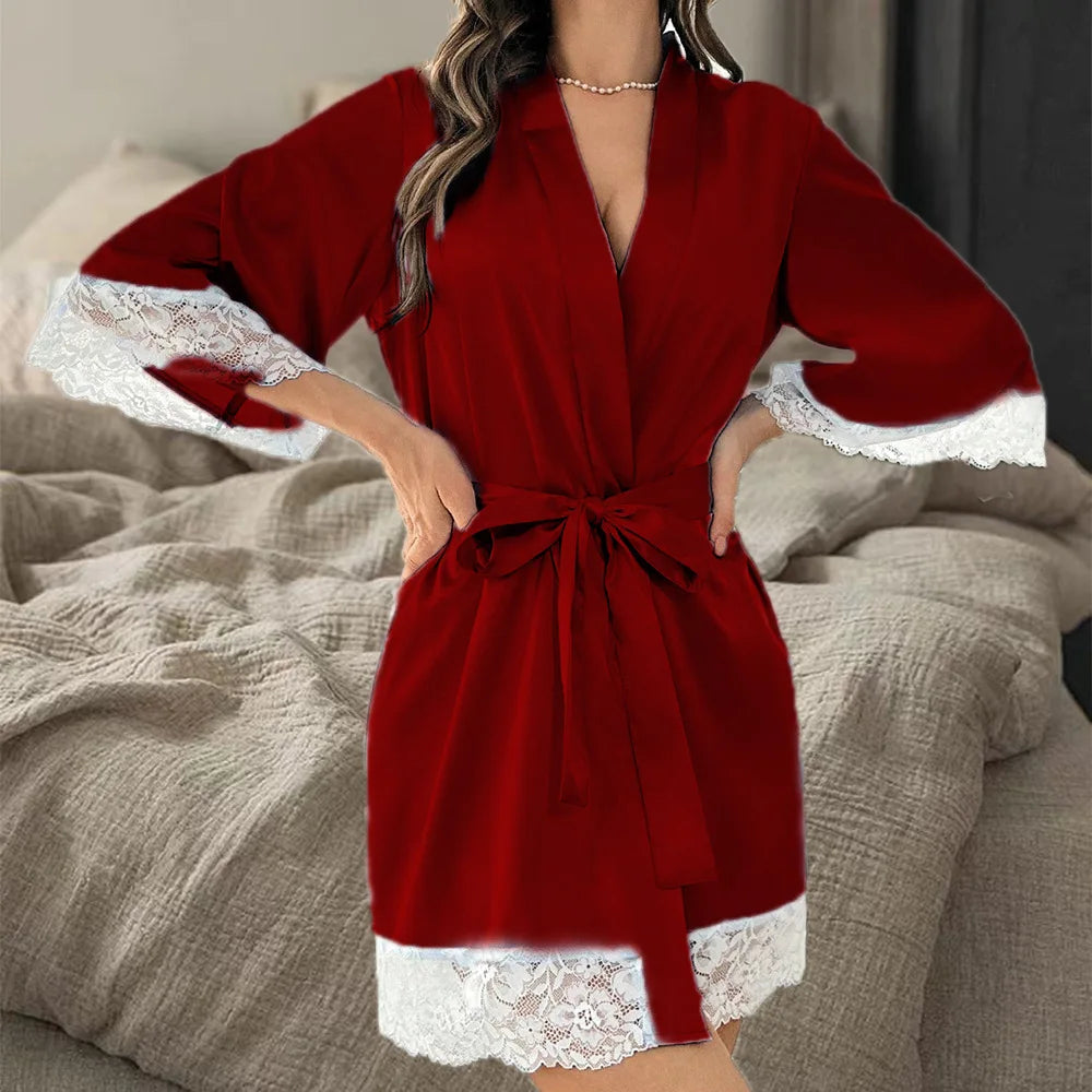 Nouvelle Robe de Nuit Élégante en Satin pour Femme 2025, Kimono Court avec Dentelle, Col en V, Ceinturé, Vêtement de Nuit de Mariée, Cadeau pour Demoiselle d'Honneur