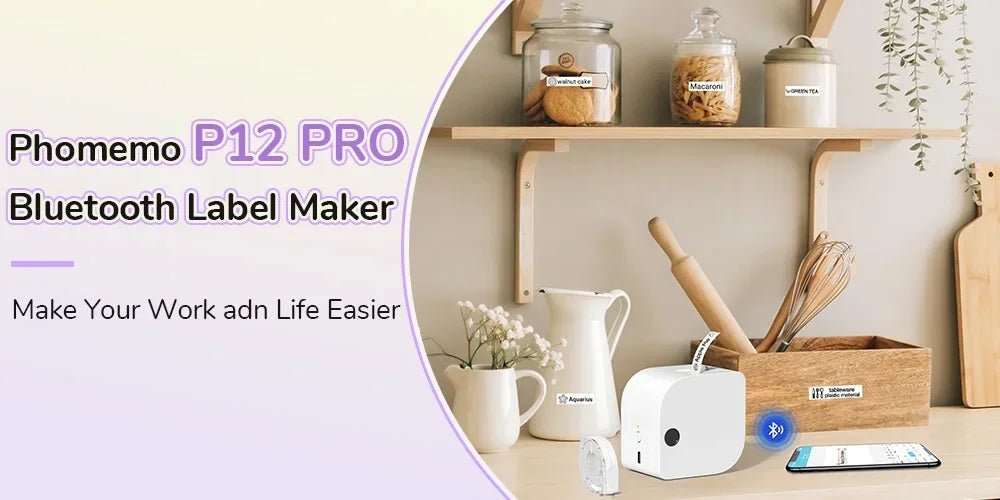 Imprimante d'étiquettes Bluetooth Phomemo P12 Pro pour organisation maison et bureau, compacte et sans fil