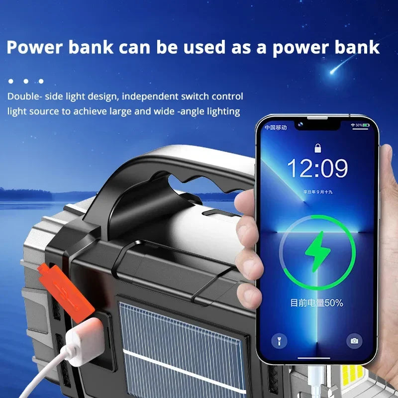 2024 lampe de poche LED puissante USB + lampe de poche solaire Rechargeable COB torche de Camping en plein air projecteur Portable batterie externe en plein air