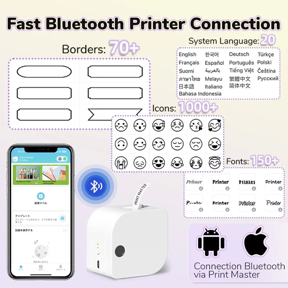Imprimante Bluetooth portable avec 1000+ icônes, 150+ polices, connexion via Print Master pour iOS et Android