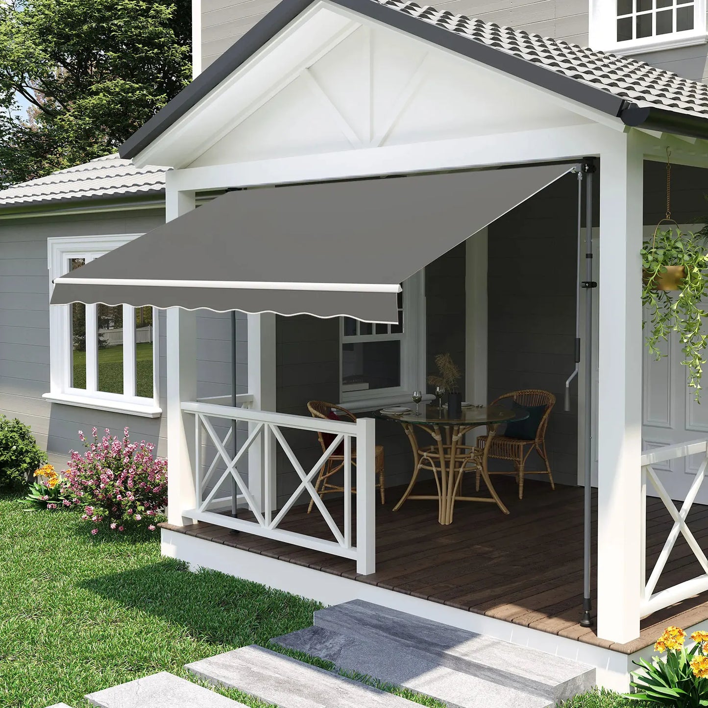 Auvent de terrasse gris pour patio extérieur, protection solaire et pluie, installation facile sur balcon ou véranda
