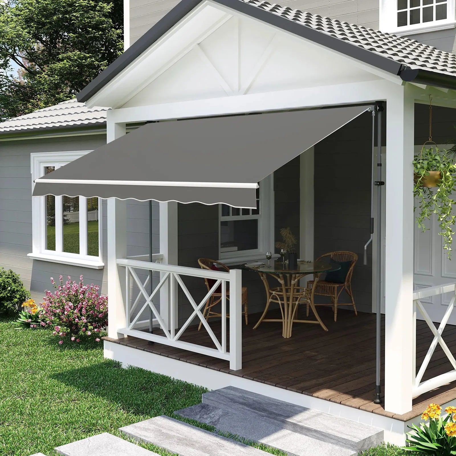 Auvent de terrasse gris pour patio extérieur, protection solaire et pluie, installation facile sur balcon ou véranda