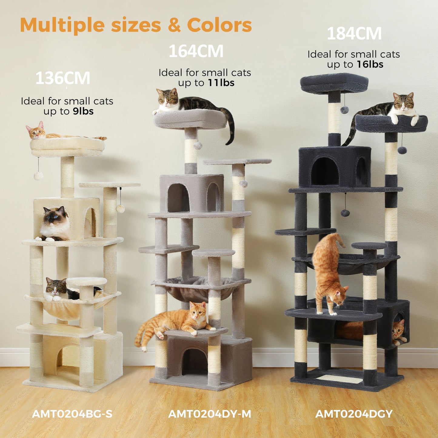 Arbre à chat multi-niveaux pour petits chats, 3 tailles et couleurs, griffoirs intégrés, idéal pour intérieur