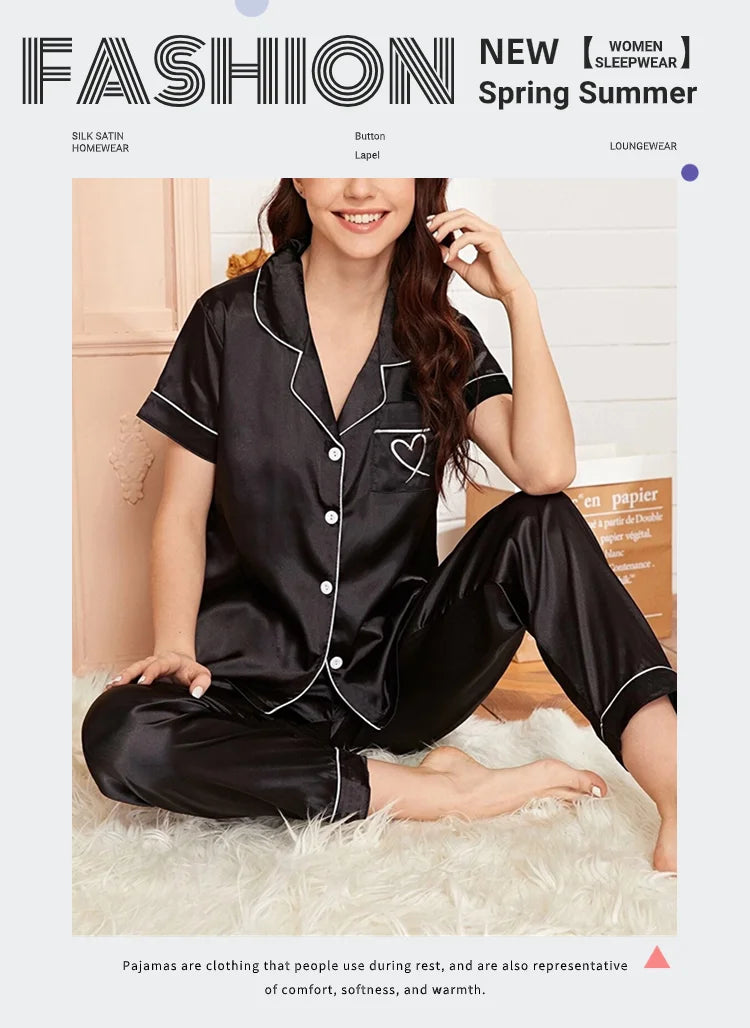 Ensemble de pyjama brodé en satin pour femme, poche, cœur, confortable, manches courtes, bouton, pantalon de salon, vêtements de nuit