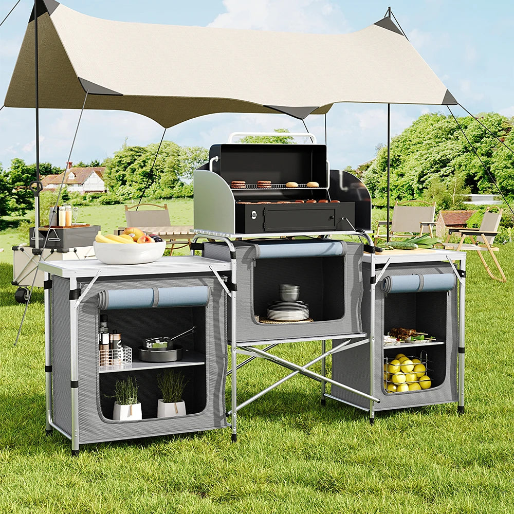 Ensemble de table de cuisine de camping Portable, support de rangement extérieur Vertical, table de préparation pliable avec armoire de rangement
