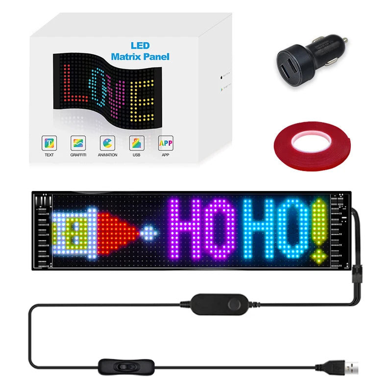 Panneau LED Matrix coloré avec affichage 'HO HO HO', câble USB, chargeur allume-cigare et ruban adhésif pour voiture