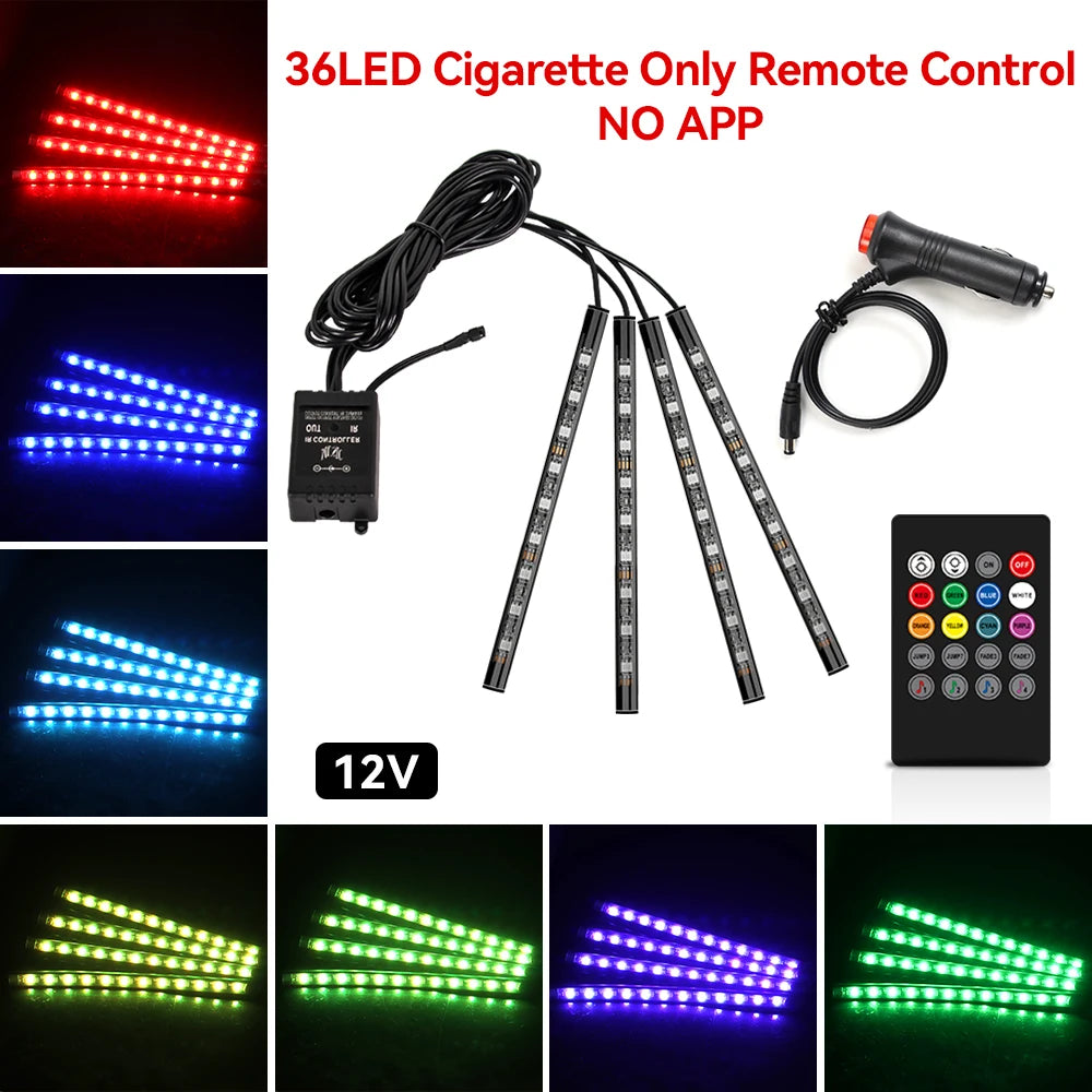 Kit de lumière d'ambiance pour intérieur de voiture, néon 36 48 72 LED, rétro-éclairage, application à distance, contrôle de la musique, lampe décorative d'ambiance RGB automatique