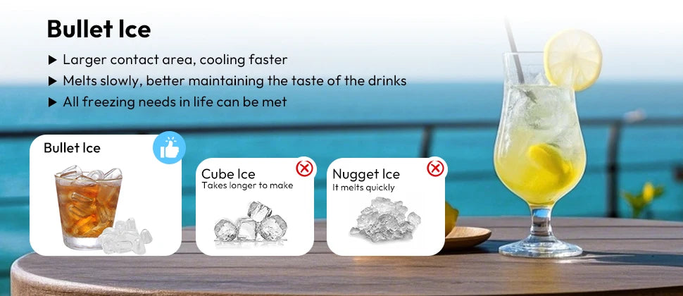 Glaçons bullet ice pour boissons rafraîchissantes, fondent lentement, idéaux pour cocktails et sodas