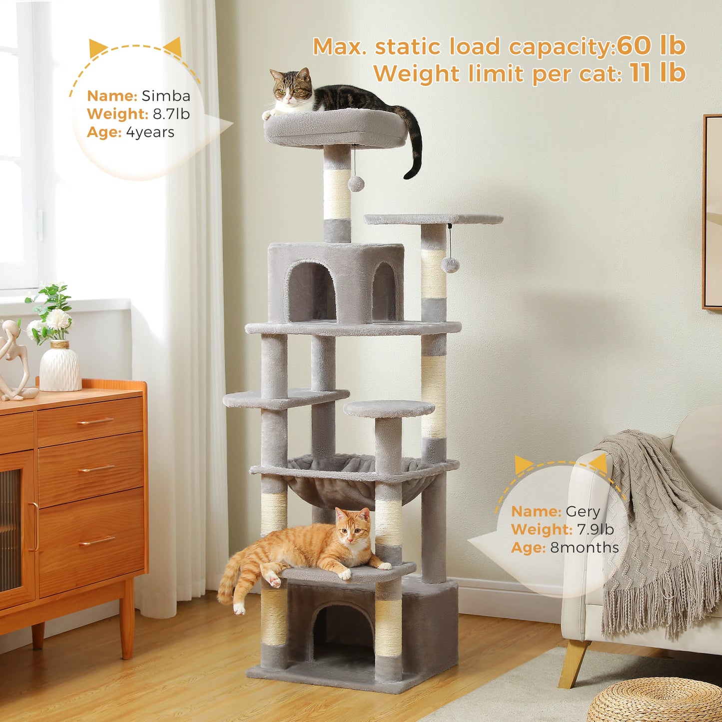 Arbre à chat gris avec plateformes, griffoirs et cabanes pour chats, capacité 60 lb, idéal pour intérieur