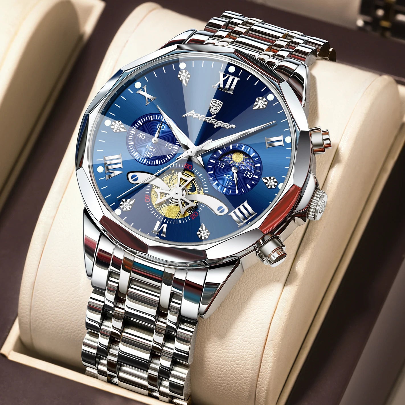 POEDAGAR Montre de luxe pour homme, étanche, chronographe lumineux, montre sport pour homme, acier inoxydable, montre à quartz tendance pour homme, Reloj