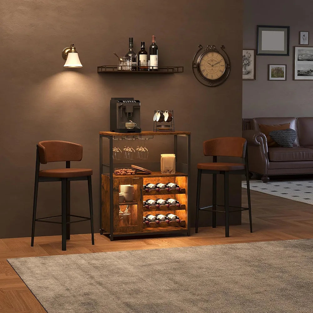 Armoire à vin rétro avec lumières LED 7 couleurs, porte-bouteille réglable et support en verre, stockage de boissons multifonctionnel pour Bar à domicile