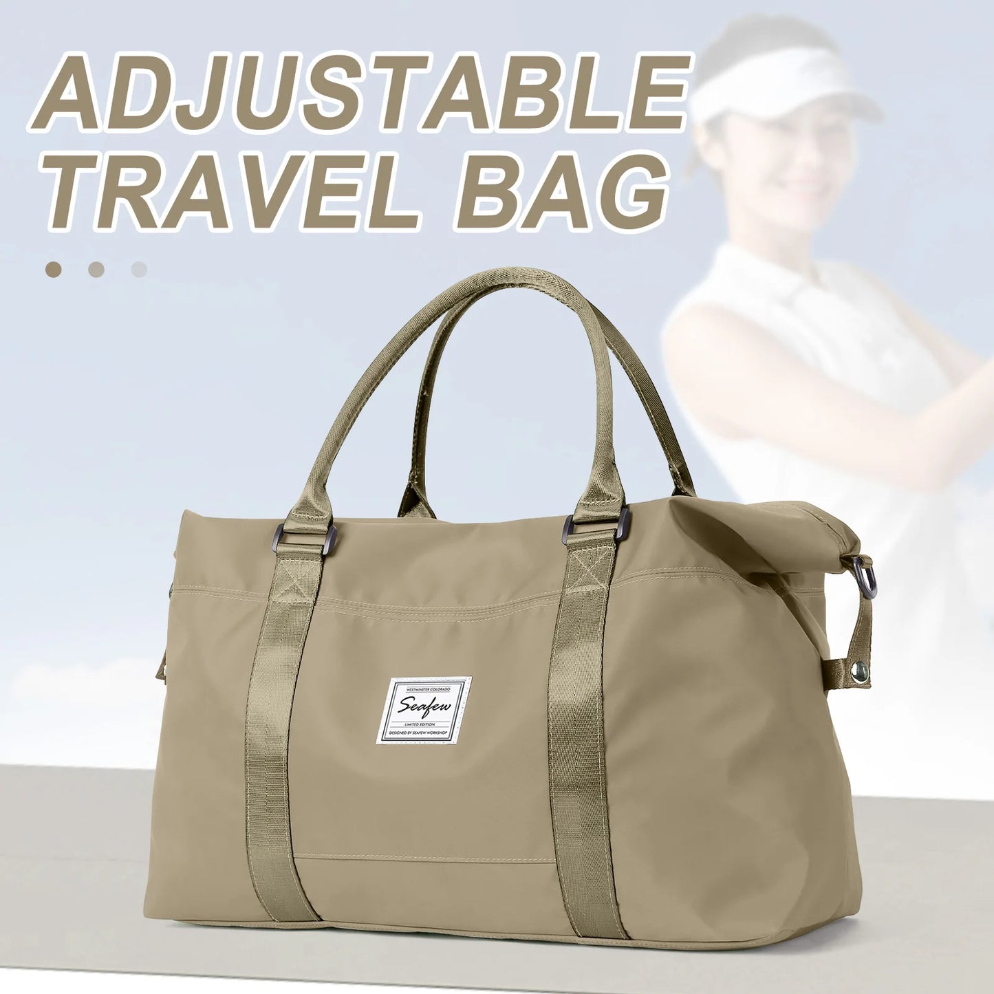Sac de voyage ajustable beige avec poignées et bandoulière, idéal pour les déplacements et le sport