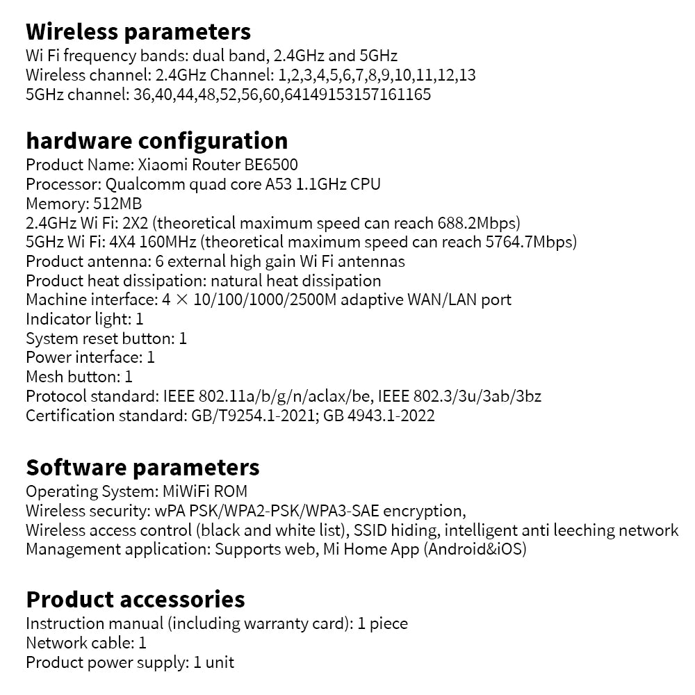 Routeur Xiaomi BE6500 Quad Nucleus Wifi7, port Ethernet 2.5G, double fréquence 2.4/5GHz, 6 amplificateurs de signal indépendants, Mesh 6500Mbps
