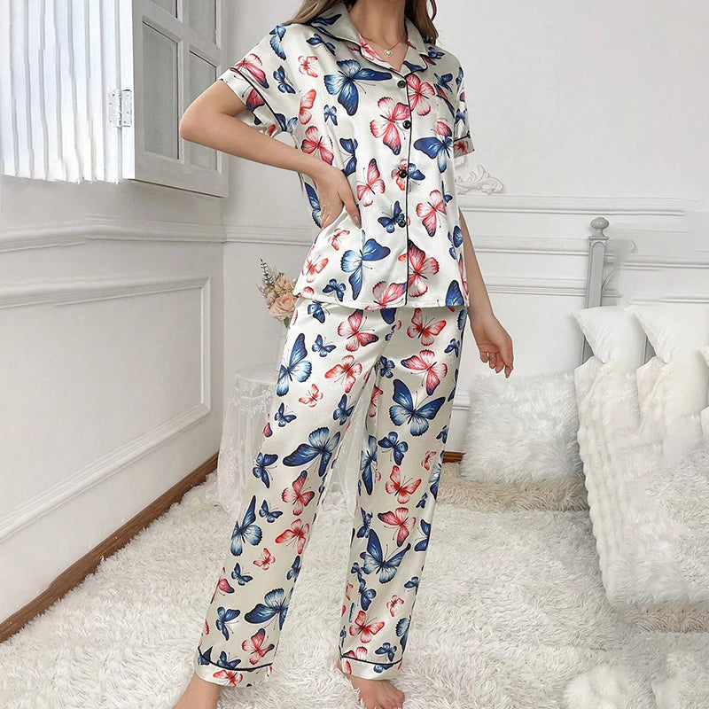 Femmes Satin Pyjama décontracté vêtements de nuit maison vêtements costume automne à manches longues boutonné haut et pantalon vêtements de nuit vêtements de détente Pyjama Femme