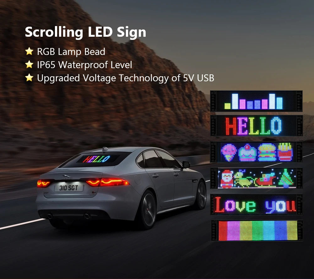 Panneau LED défilant RGB pour voiture, étanche IP65, affichage personnalisé 'HELLO', alimenté par USB 5V