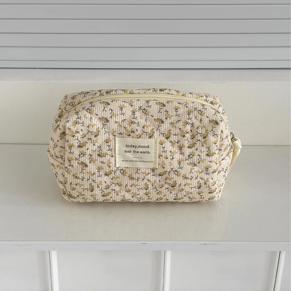 Sac de Rangement Matelassé Grande Capacité pour Maquillage, Pochette Cosmétique Vintage à Imprimé Floral pour Femme, Sac de Voyage Organisateur