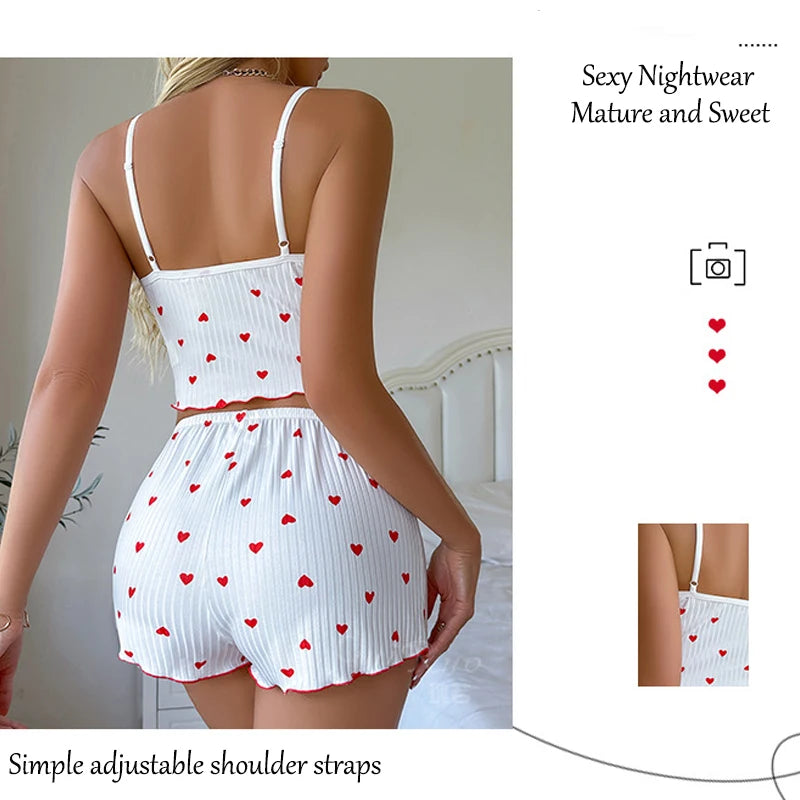 Vêtements de nuit femmes pyjamas ensemble coeur imprimé tissu côtelé doux avec glamour volants garniture décontracté Cami haut et short ensembles vêtements de détente nouveau