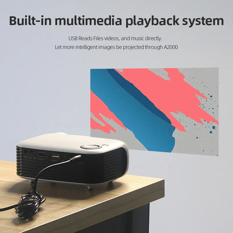 Projecteur multimédia A2000 avec lecture USB, idéal pour vidéos et musique, projection d'images colorées