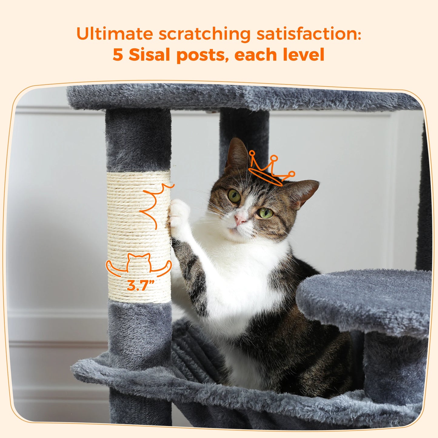 Chat sur arbre à chat gris avec poteaux en sisal pour griffer, 3.7 pouces de diamètre
