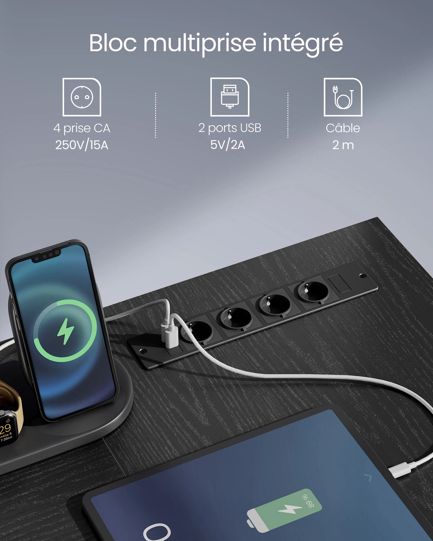 Bloc multiprise intégré avec 4 prises CA et 2 ports USB, chargeur pour smartphone et tablette sur bureau