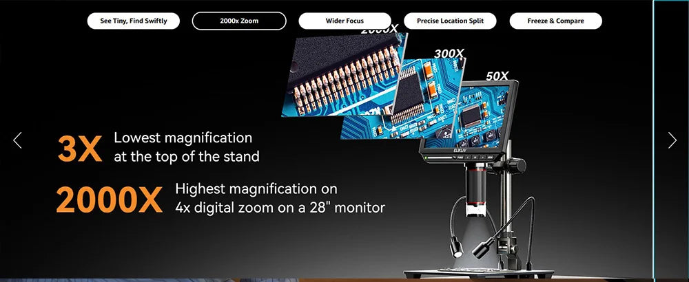 Elikliv EM4K 4K HDMI Microscope numérique pour l'électronique 8 "2000X Microscope à souder pour la réparation d'inspection de PCB avec support 10"