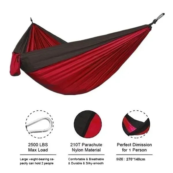 Hamac de camping individuel d'extérieur, en tissu parachute de nylon coloré, lit suspendu portable haute résistance