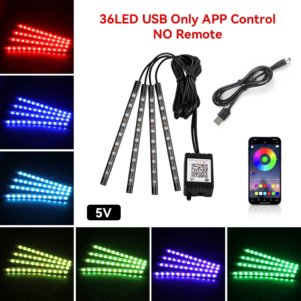 Kit de lumière d'ambiance pour intérieur de voiture, néon 36 48 72 LED, rétro-éclairage, application à distance, contrôle de la musique, lampe décorative d'ambiance RGB automatique