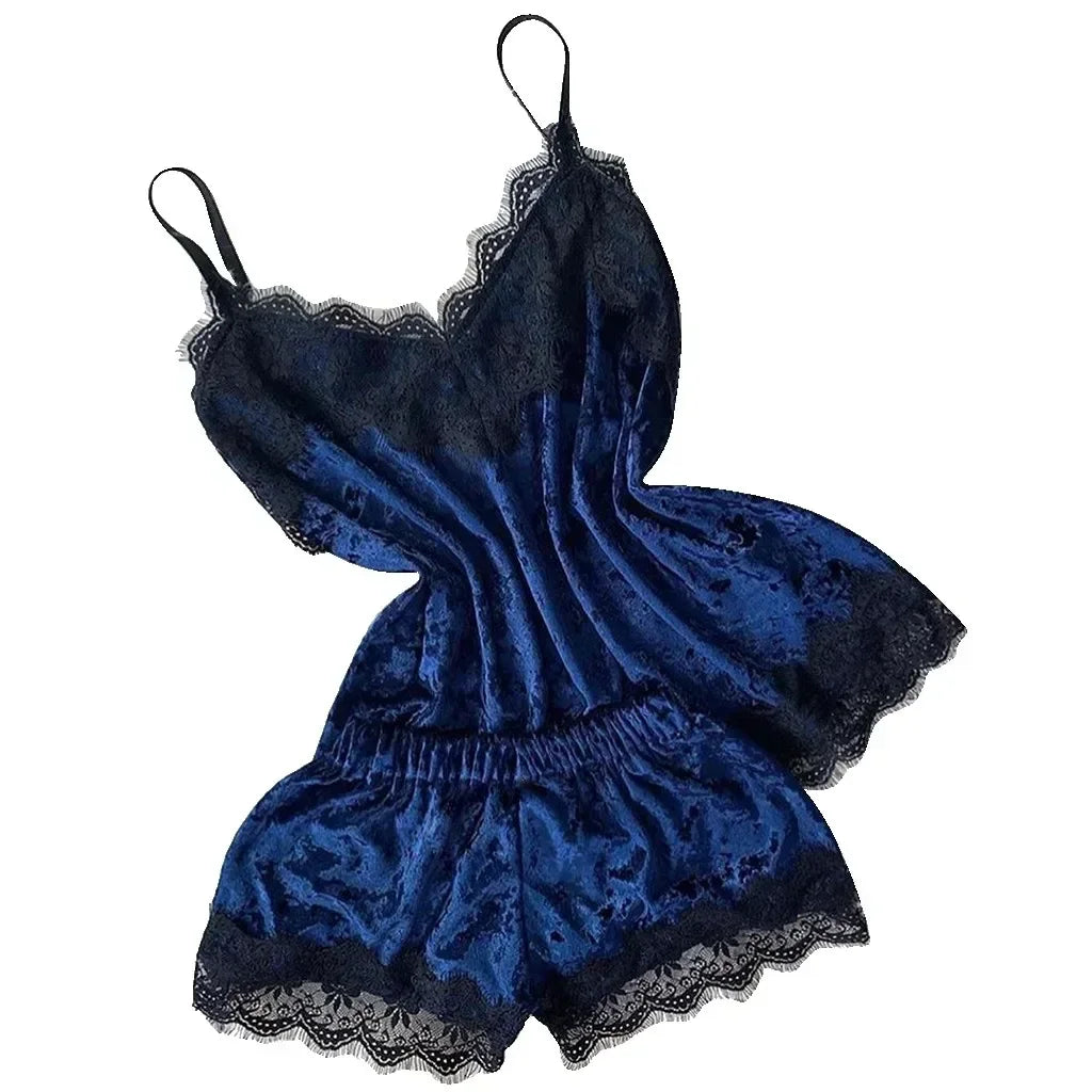 Été déshabillé en dentelle Sexy Satin pyjamas ensemble femmes chemise de nuit 2 pièces haut court et ensemble short et haut Homewear vêtements de détente