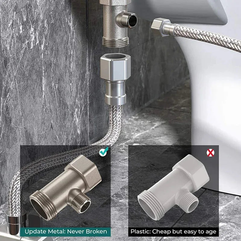 Raccord métallique robuste pour tuyau de toilette, comparaison avec plastique, qualité durable