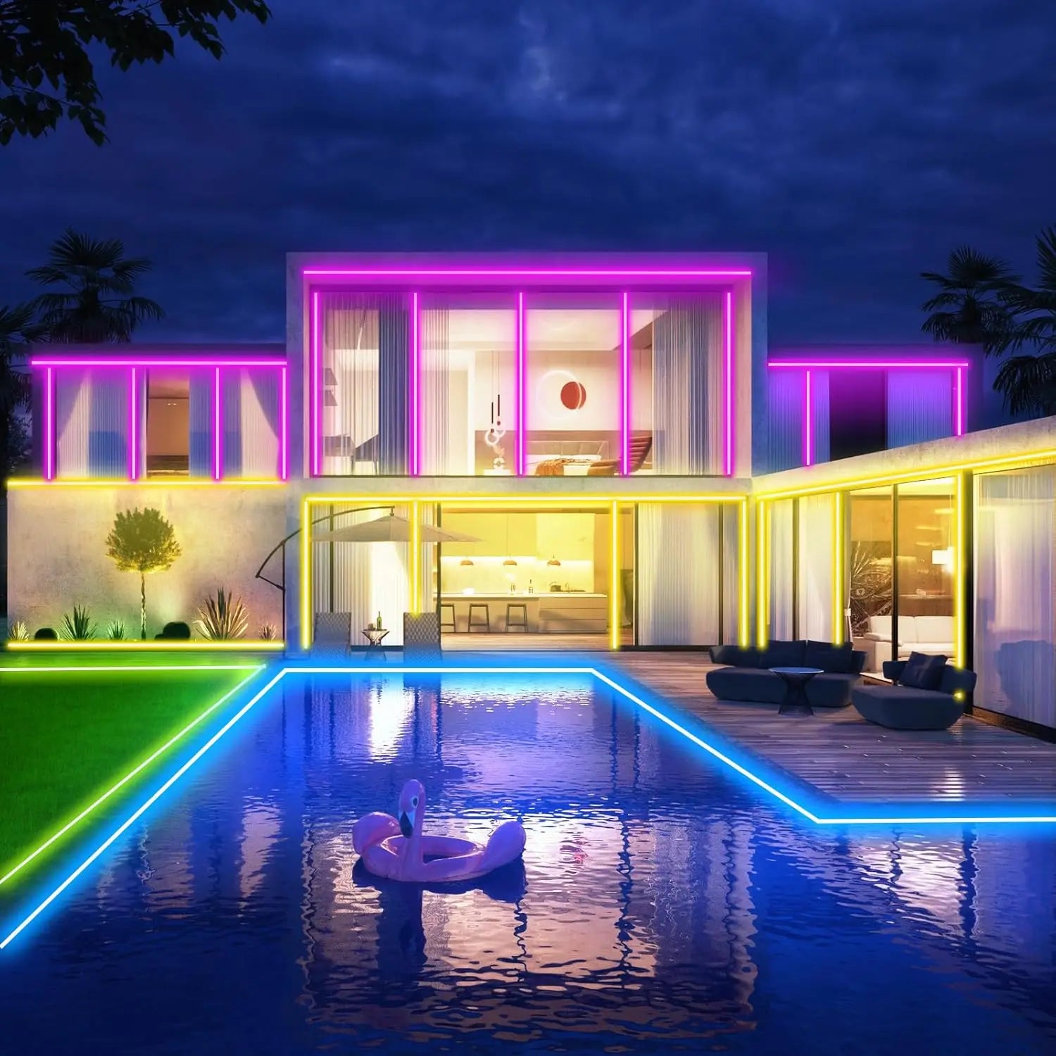 Maison moderne illuminée par des bandes LED colorées, piscine avec flamant rose, ambiance high-tech nocturne