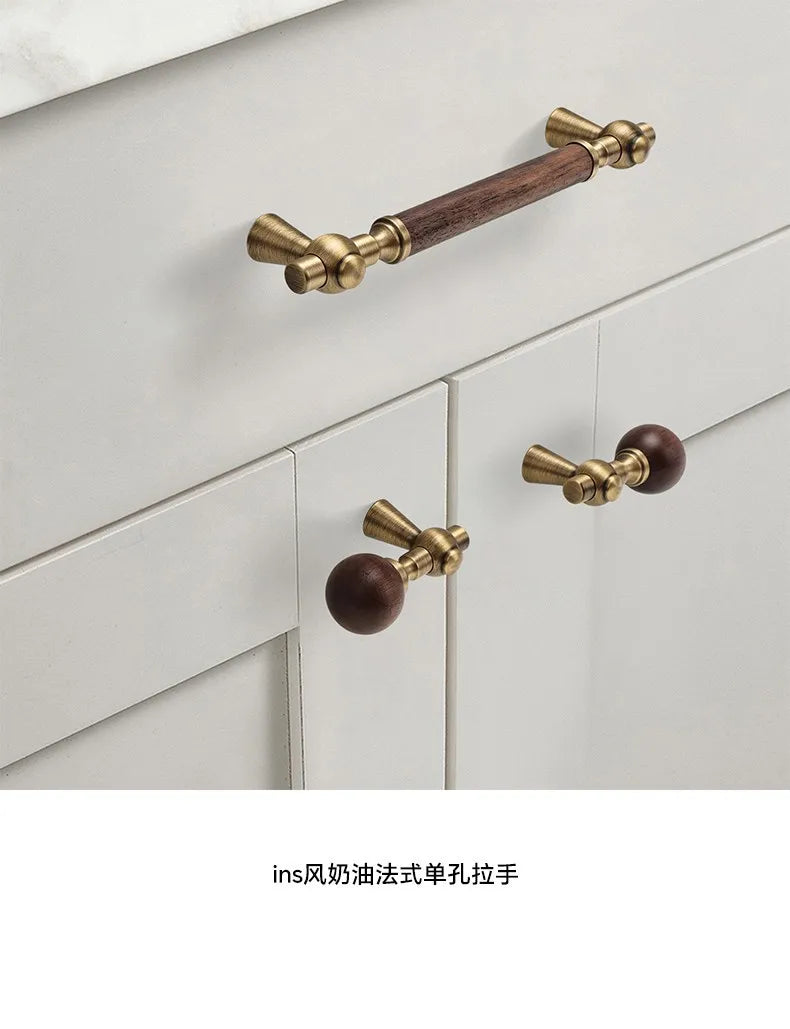 Nouvelle poignée de porte d'armoire en noyer de style chinois – Bouton rond monotrou en laiton et bois nordique en or pour tiroirs et meubles