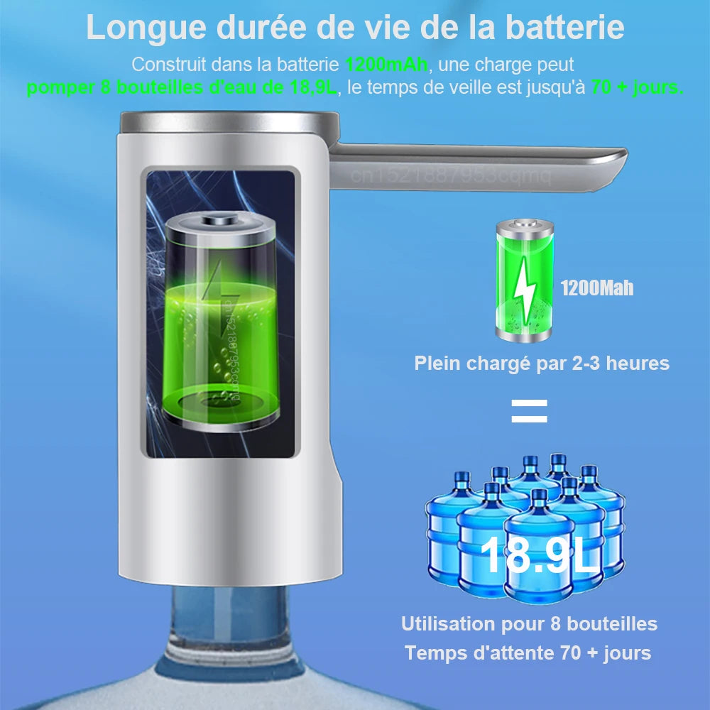 Pompe à eau rechargeable 1200mAh, longue durée de vie, 8 bouteilles 18,9L, charge 2-3h