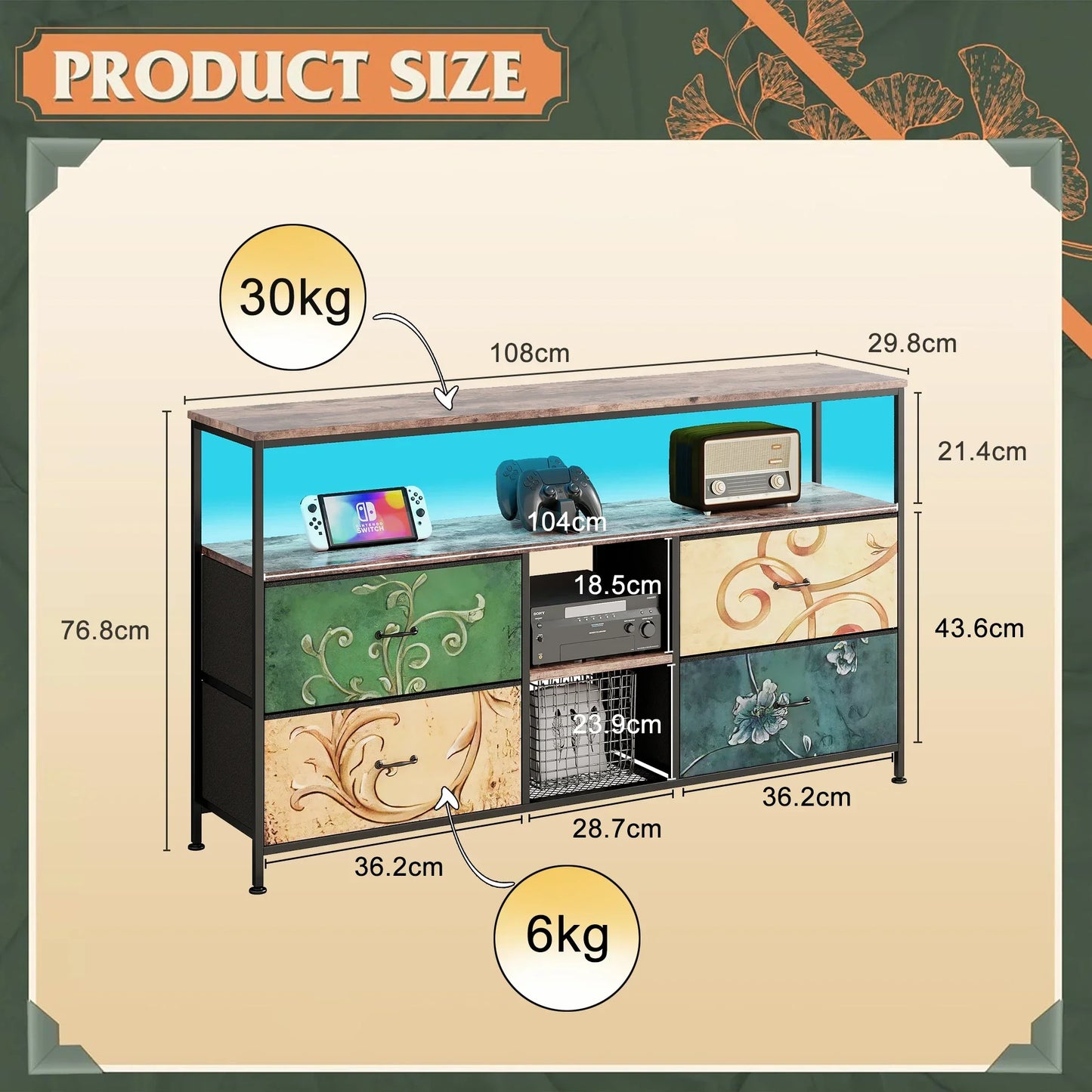 Rosahqnda Meuble TV avec 4 tiroirs, meuble TV, étagères réglables, table TV, meuble TV meuble de salon