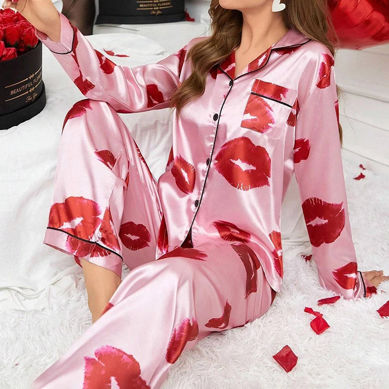 Femmes Satin Pyjama décontracté vêtements de nuit maison vêtements costume automne à manches longues boutonné haut et pantalon vêtements de nuit vêtements de détente Pyjama Femme