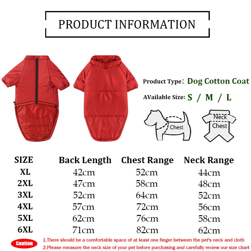 Manteau coton rouge pour chien, tailles S à 6XL, avec guide de mesure pour cou et poitrine