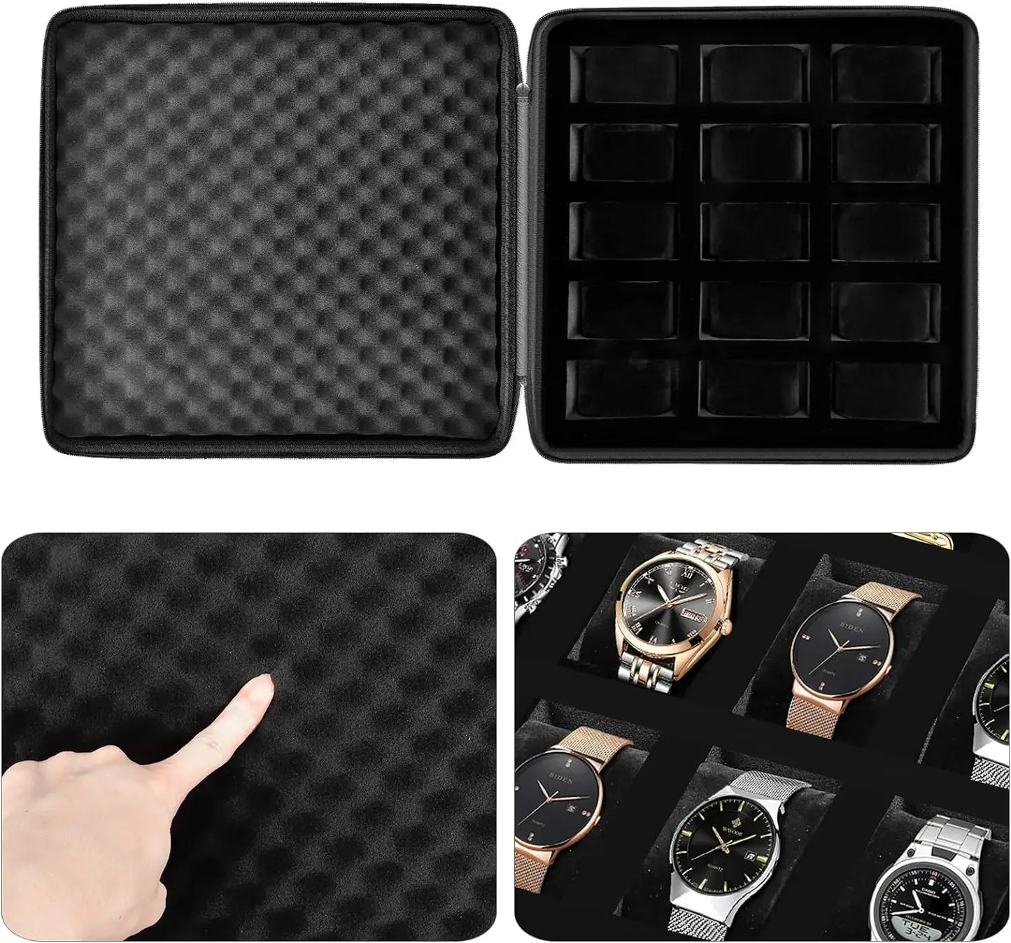 Boîte à montres à 15 emplacements / Étui de rangement pour montres pour hommes, compatible avec toutes les montres-bracelets et montres connectées jusqu'à 42 mm