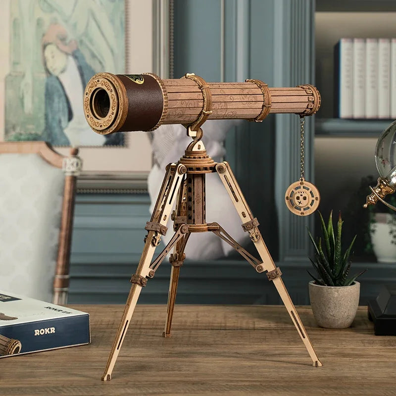 Télescope en bois assemblé sur trépied, gadget high-tech décoratif pour bureau ou salon