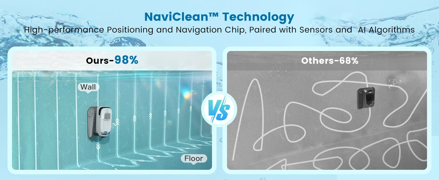 Robot nettoyeur de piscine avec technologie NaviClean™, navigation précise 98% vs 68% pour les autres