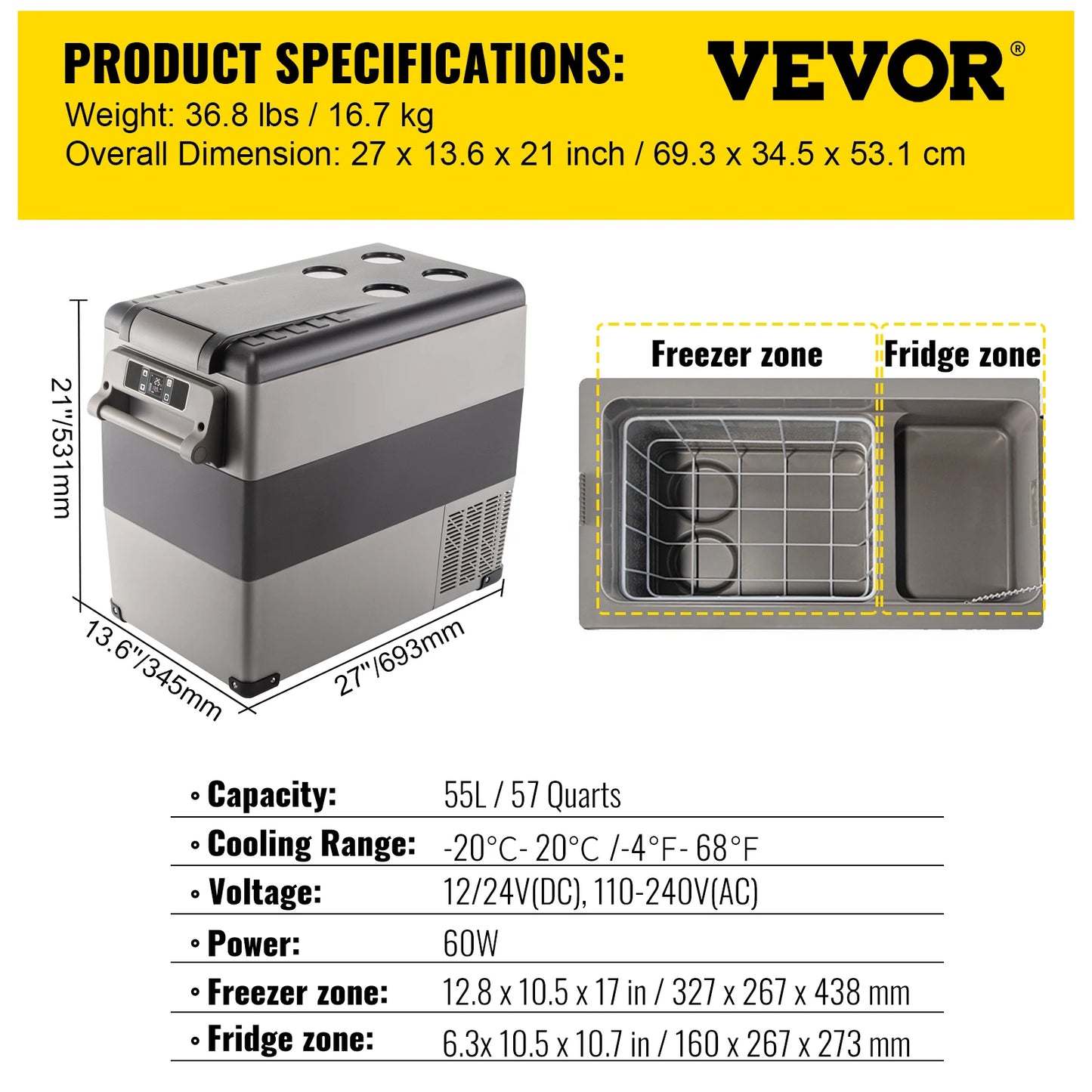 Réfrigérateur portable VEVOR 55L avec zone congélateur et frigo, idéal pour camping ou voiture