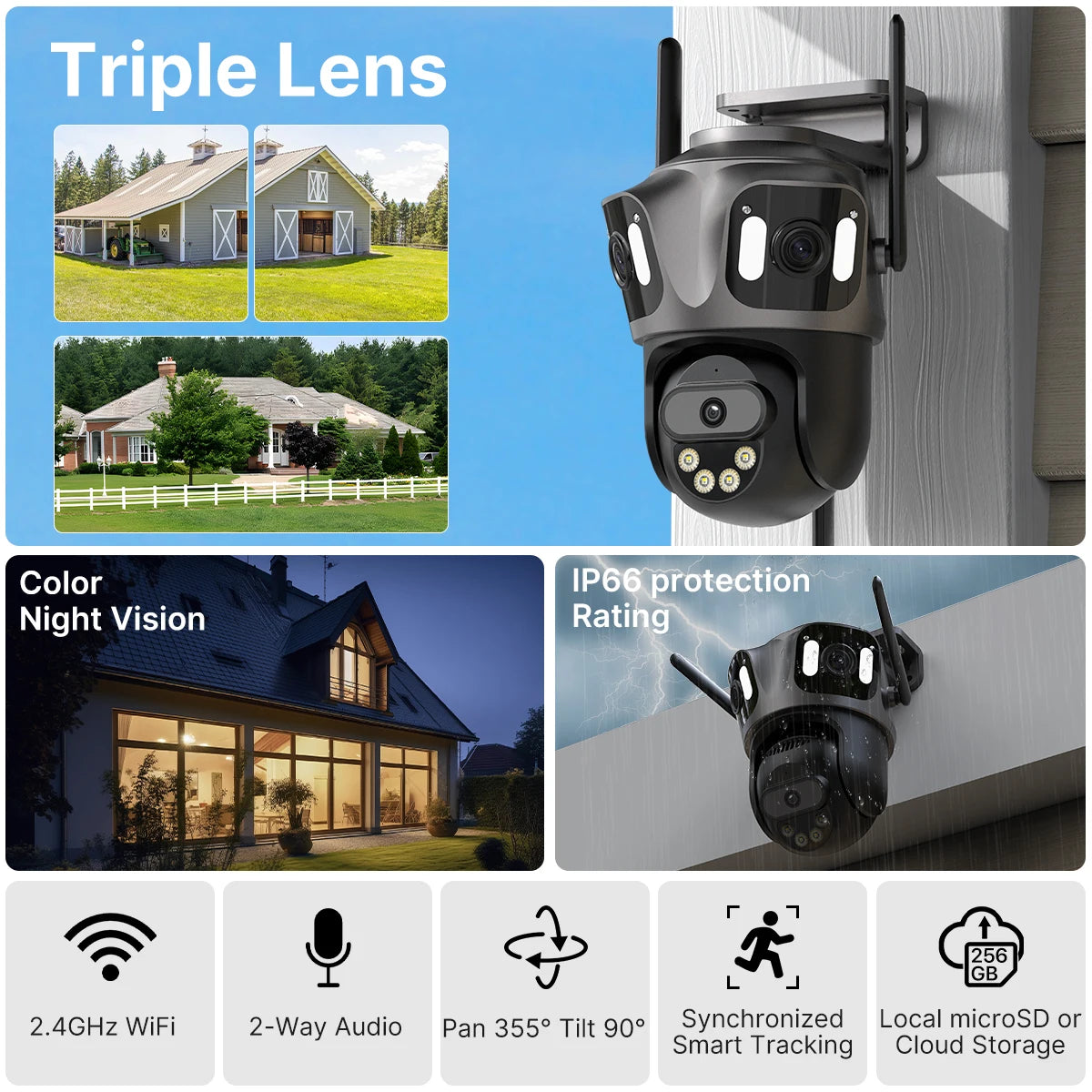 Caméra de surveillance extérieure triple objectif, vision nocturne couleur, IP66, WiFi, suivi intelligent